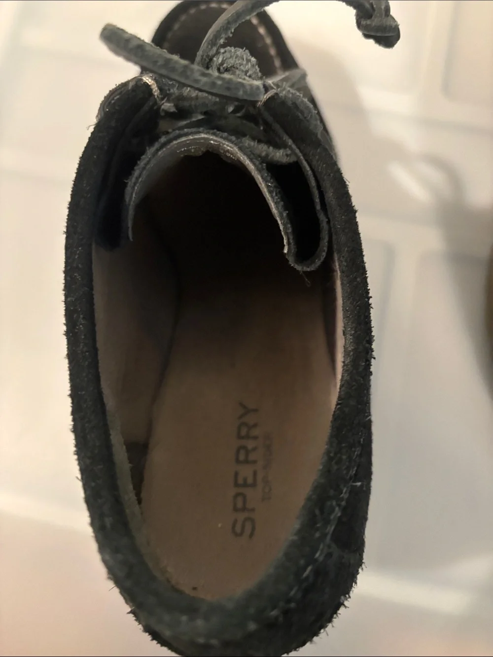 Sperry Black Stella Keel wedge booties SZ 8.5M suede uppers & tan wedge heel